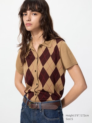 Cárdigan merino mezcla cuello polo estampado