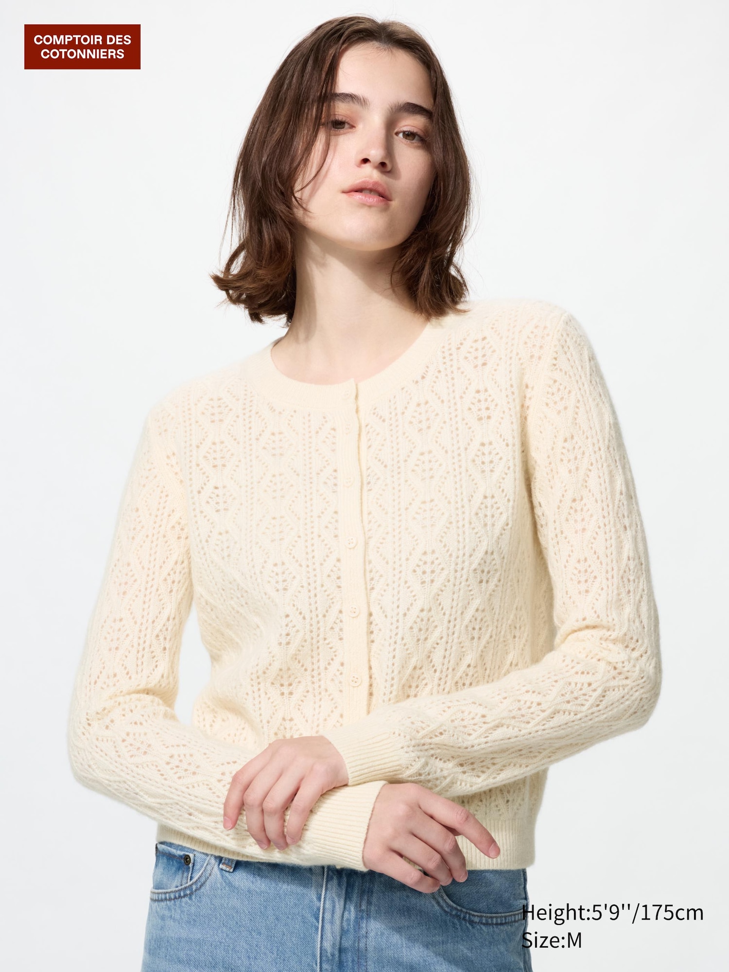 100% Cashmere Pointelle Crew Neck Cardigan
