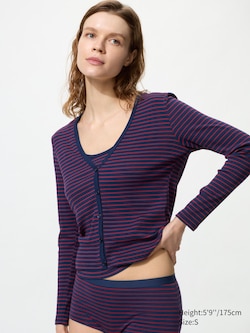 Ribbed V Neck Cardigan (Striped)