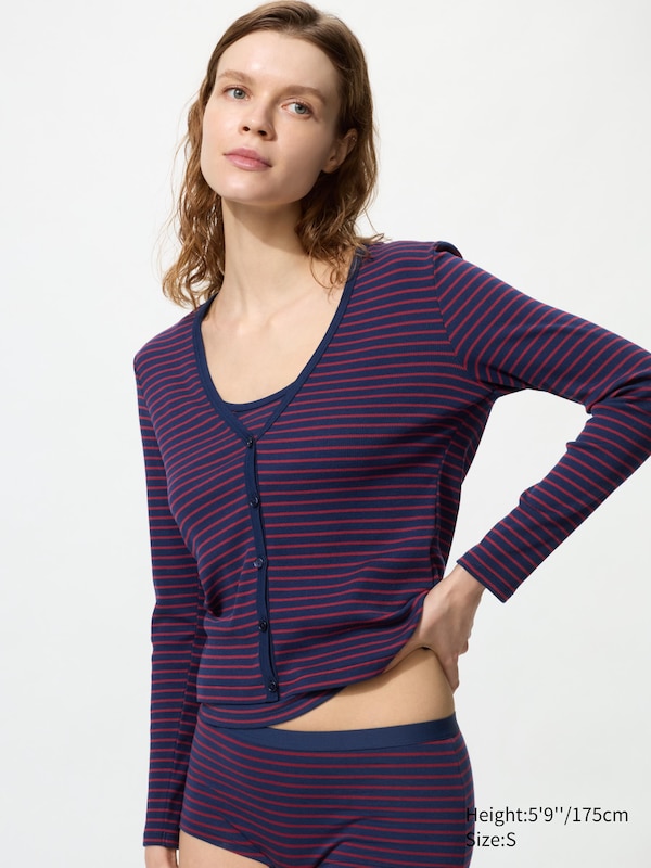 Ribbed V Neck Cardigan (Striped)