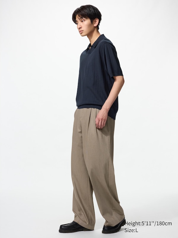 Smart Pleated Wide Trousers (Checked, Longer)