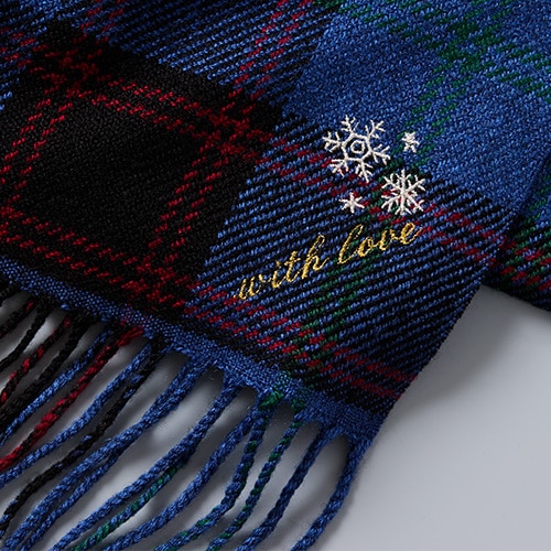 blue checked scarf embroidered with snow flakes and the words 'with love'