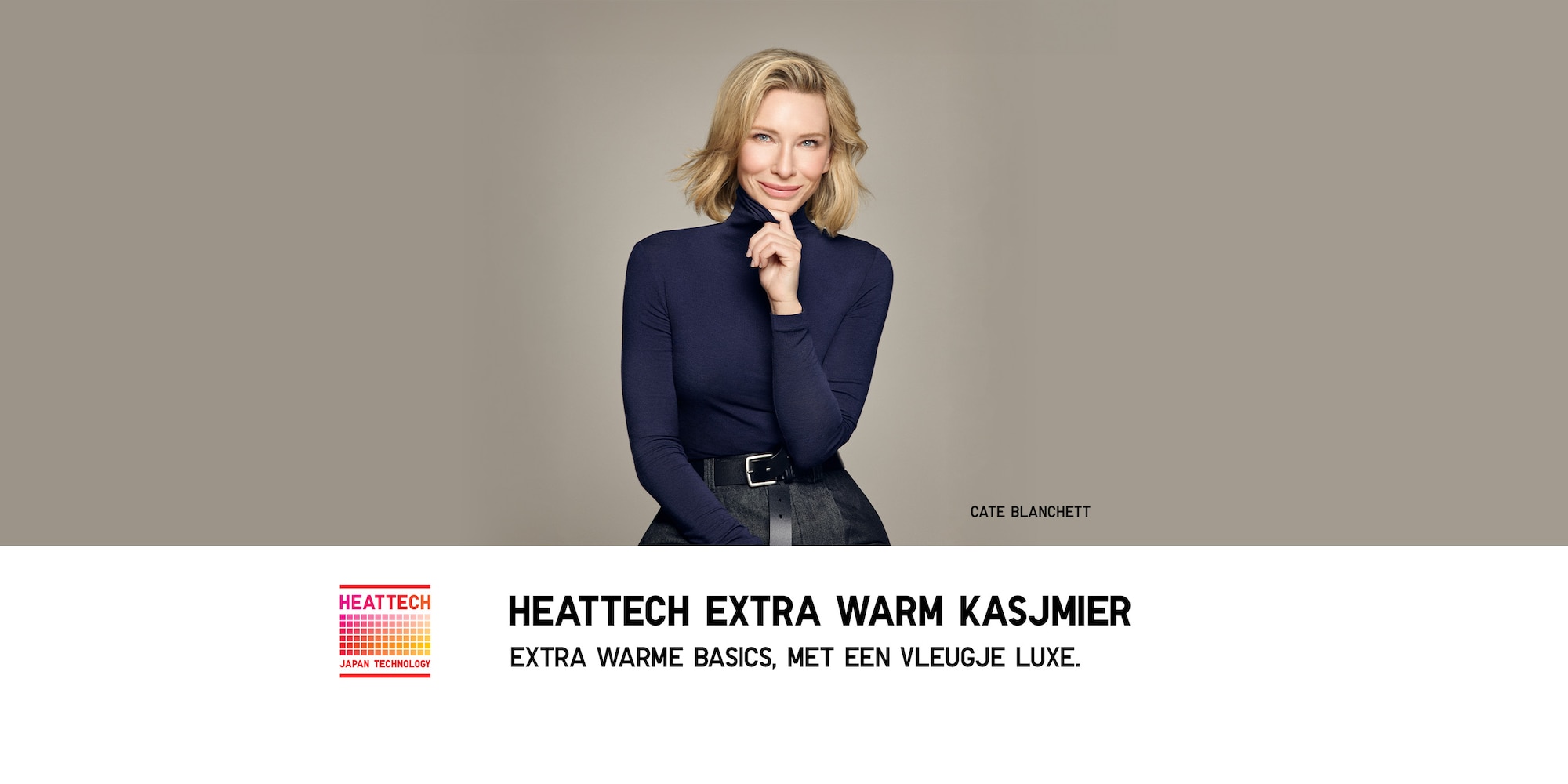 Cate Blanchett draagt HEATTECH Extra Warm met kasjmier
