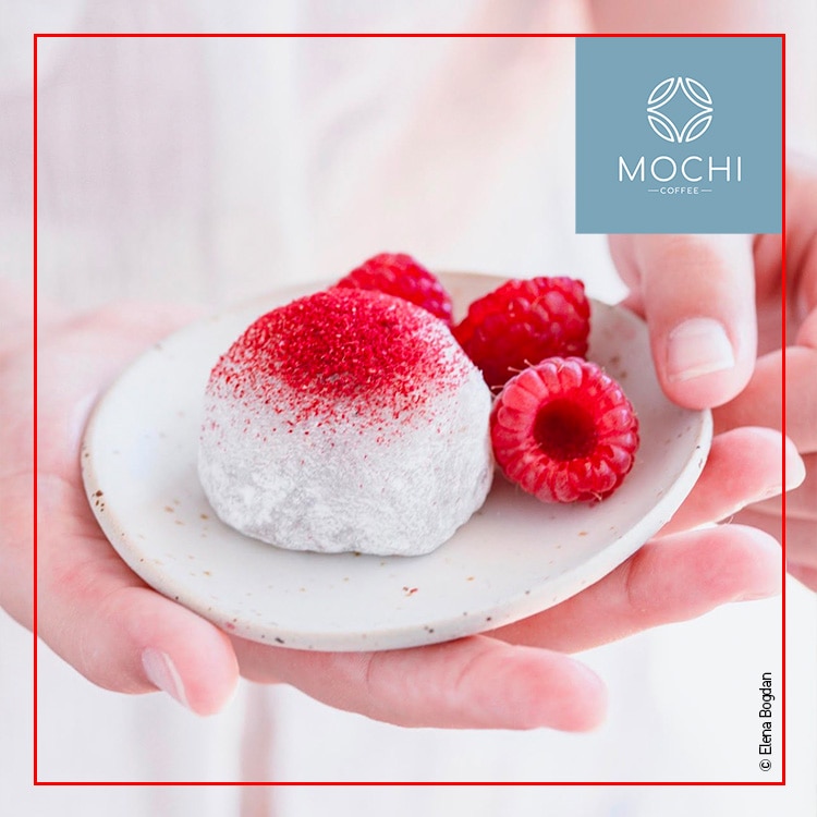 raspberry mochis with the mochi coffee logo