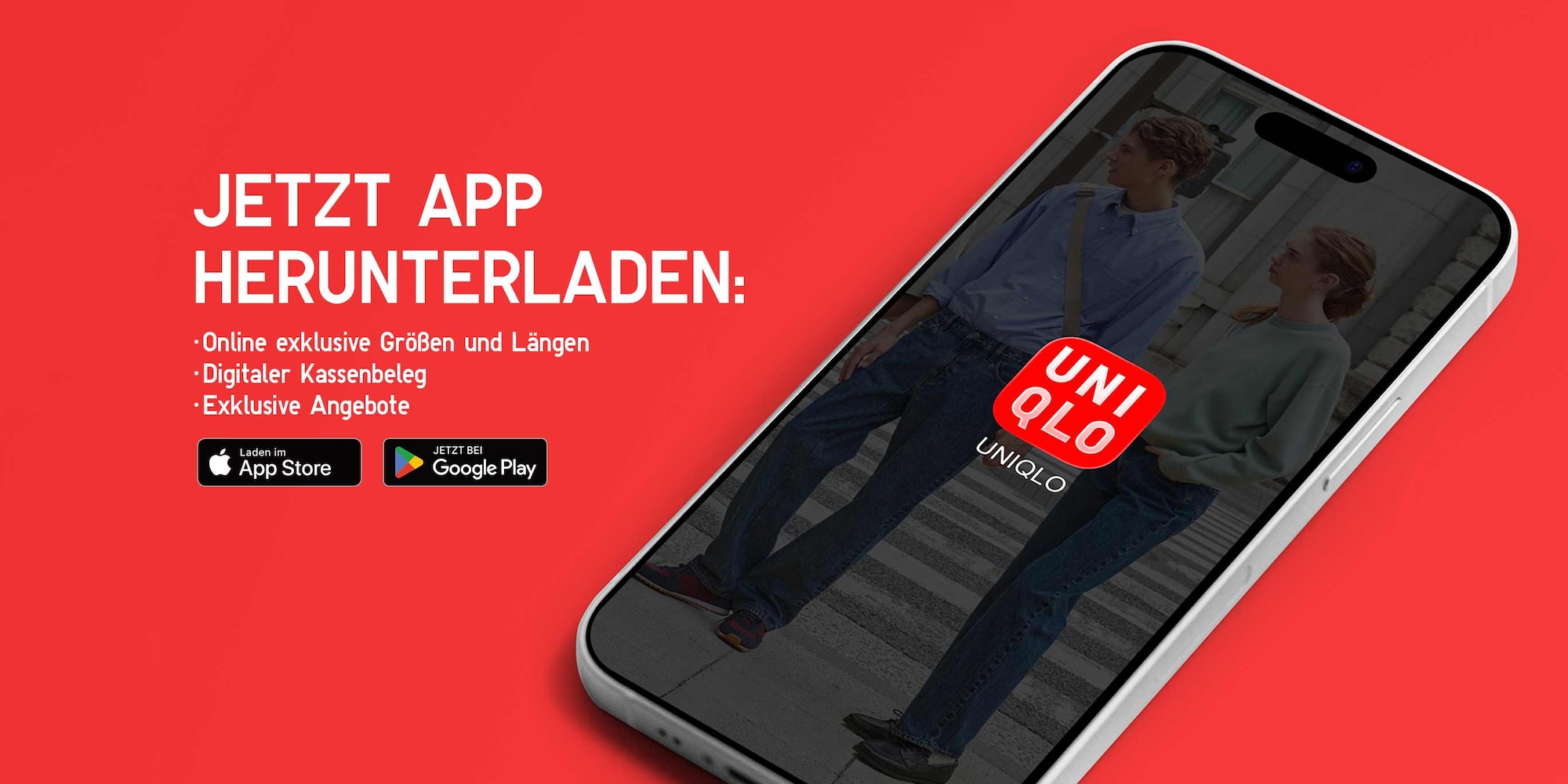 Handy, auf dem die UNIQLO App zu sehen ist, sowie folgender Text: Pick Up Today*
Digitaler Kassenbeleg
Exklusive Angebote
*Online bestellen und schon nach 2 Stunden im ausgewählten Store abholen.