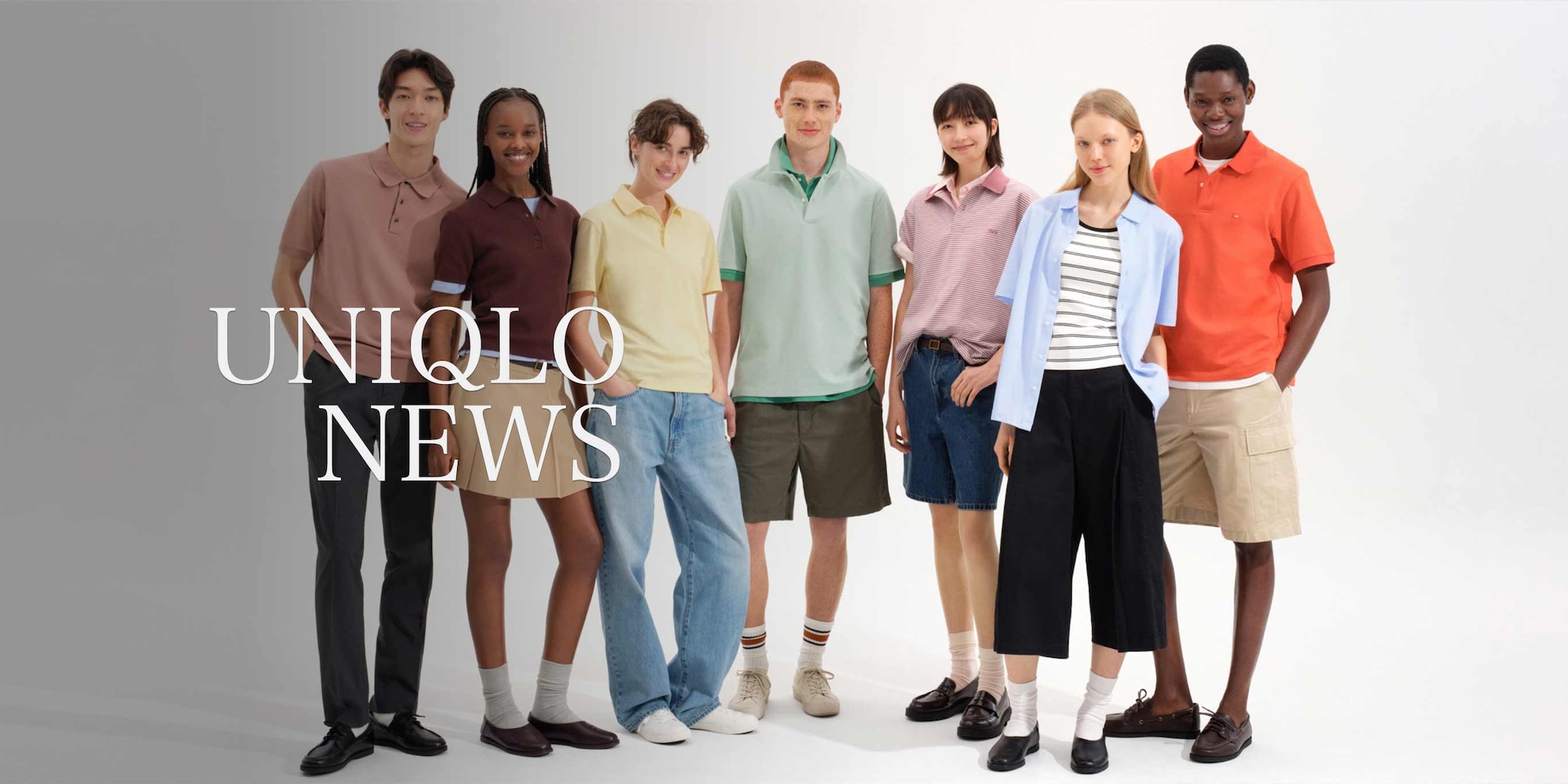 Sieben Models tragen UNIQLO Outfits mit Poloshirts in verschiedenen Farben. Darüber steht UNIQLO NEWS.