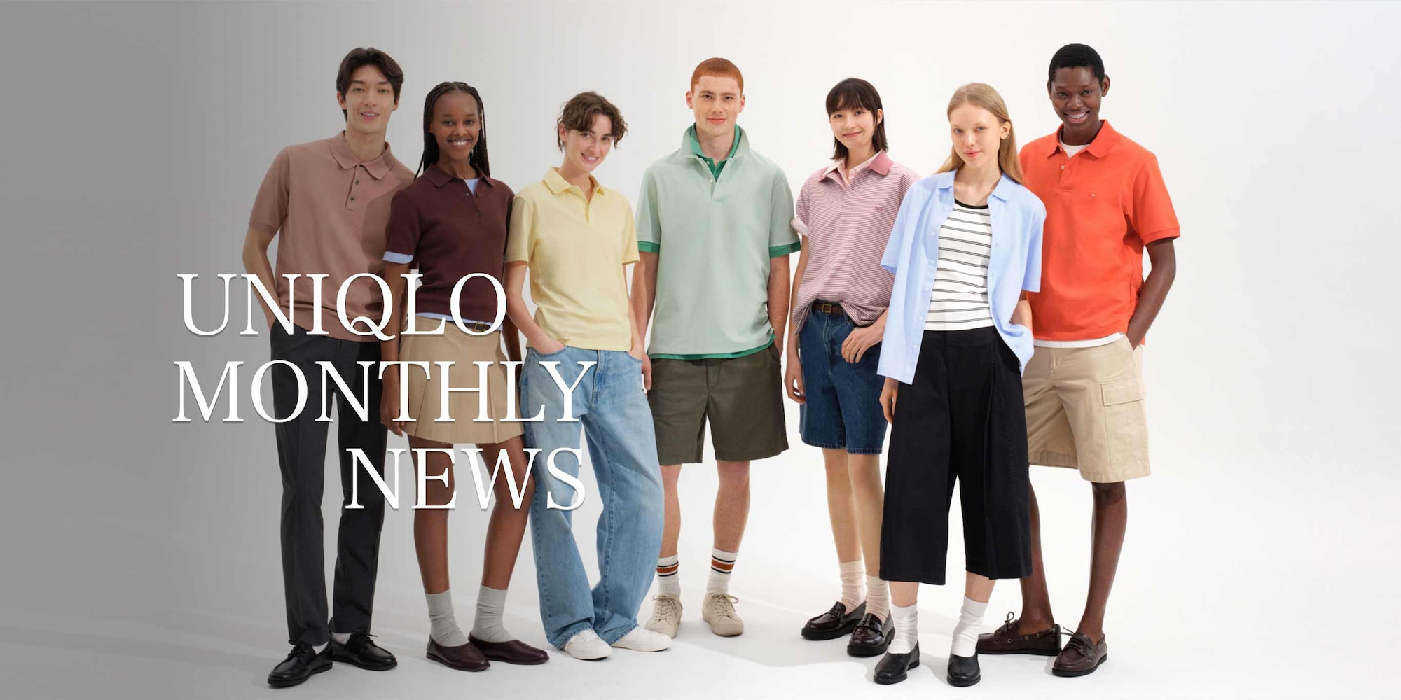 models wearing summer clothing overlaid with the words UNIQLO monthly news in white