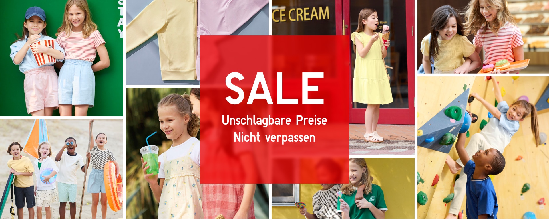 Collage von Models in Sommeroutfits. Darüber steht "SALE. Unschlagbare Preise. Nicht verpassen."