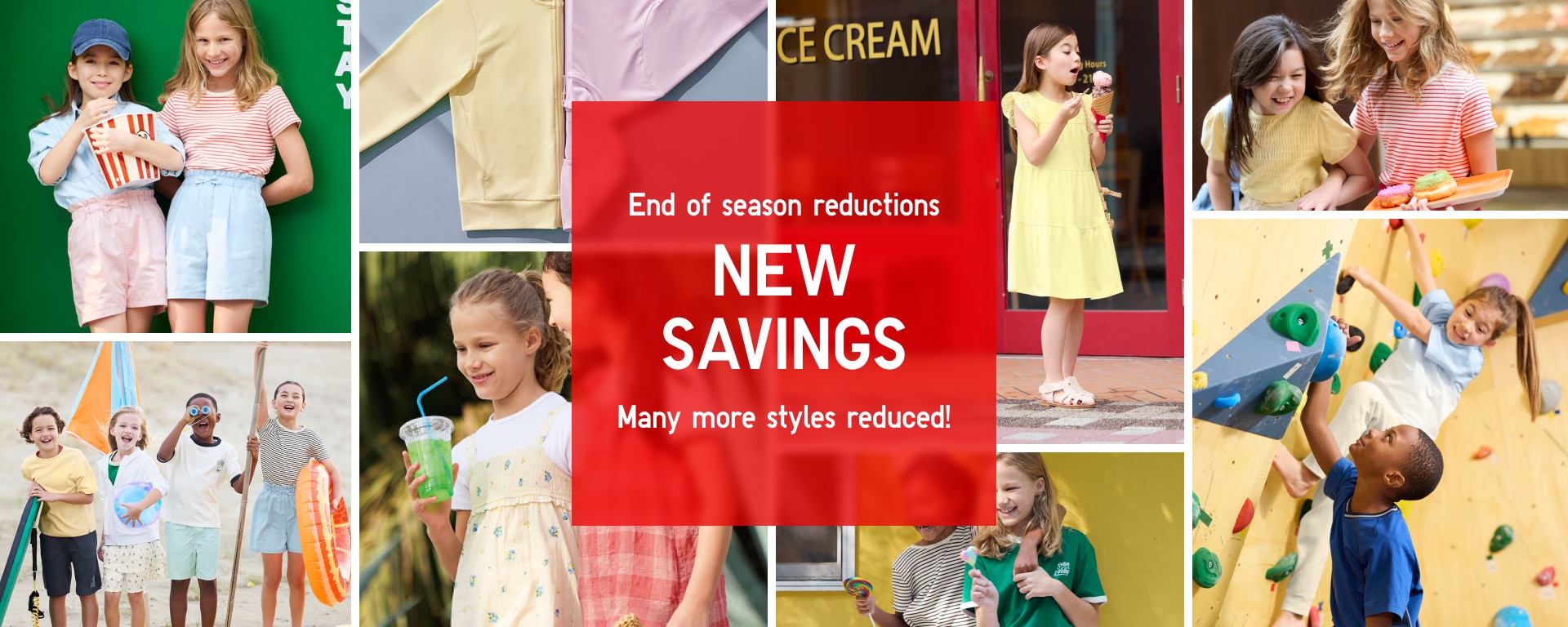 collage of models wearing summer clothing around the words new savings