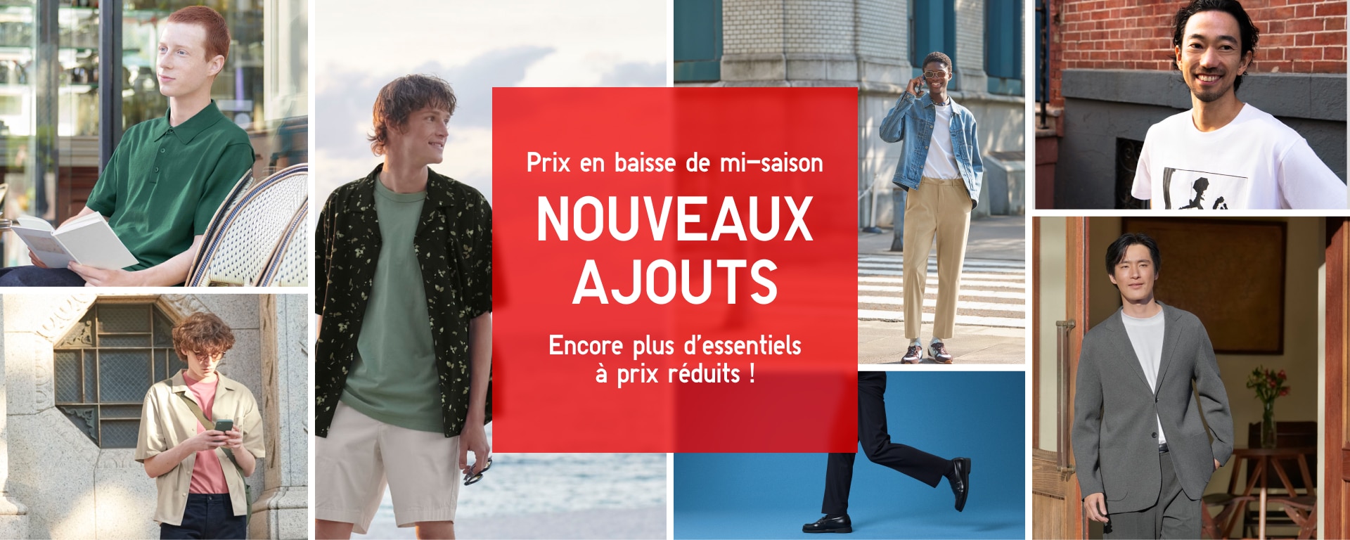 Collage de mannequins vêtus de vêtements uniqlo, avec au centre, un carré rouge sur lequel est inscrit "prix en baisse de mi-saison. Nouveaux ajouts. Encore plus d'essentiels à prix réduits."