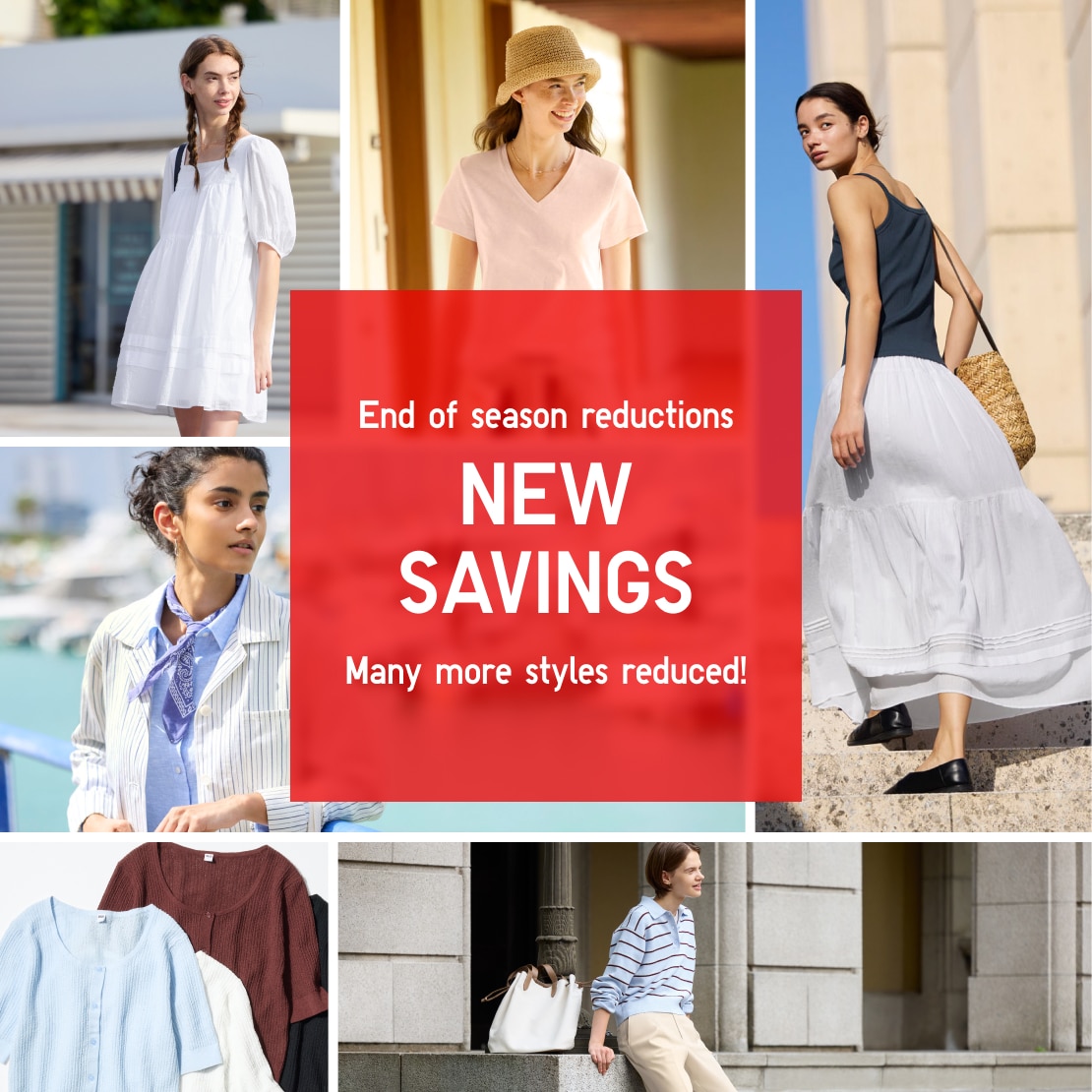 collage of models wearing summer clothing surrounding the words new savings