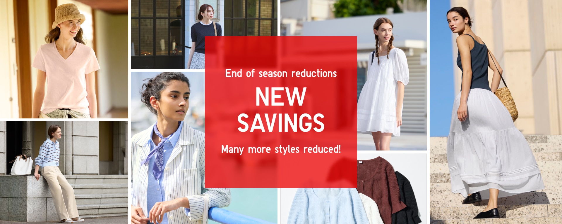 a collage of images of models wearing summer clothing surrounding the words New Savings