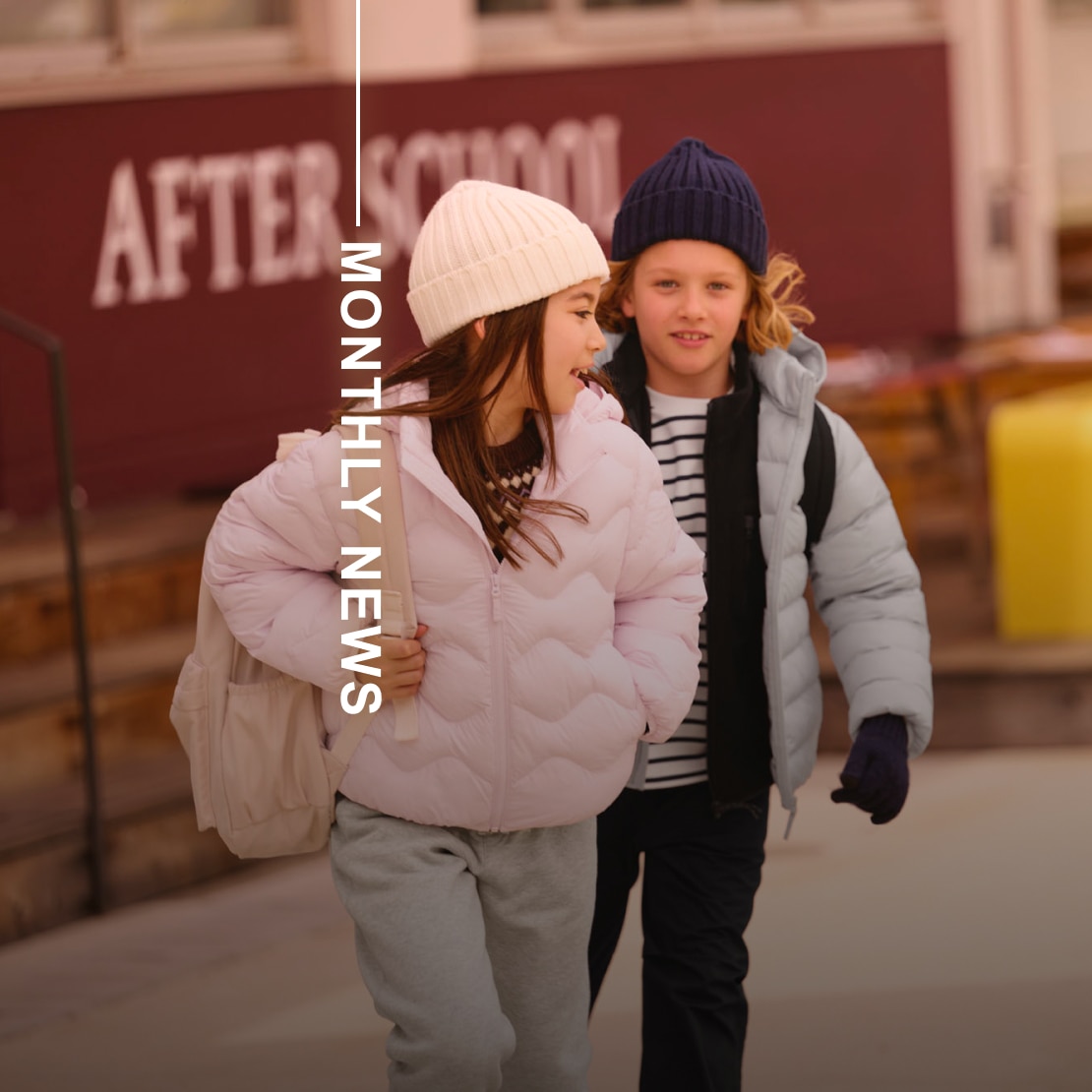 two models wearing uniqlo puffertech jackets overlaid with the words monthly news