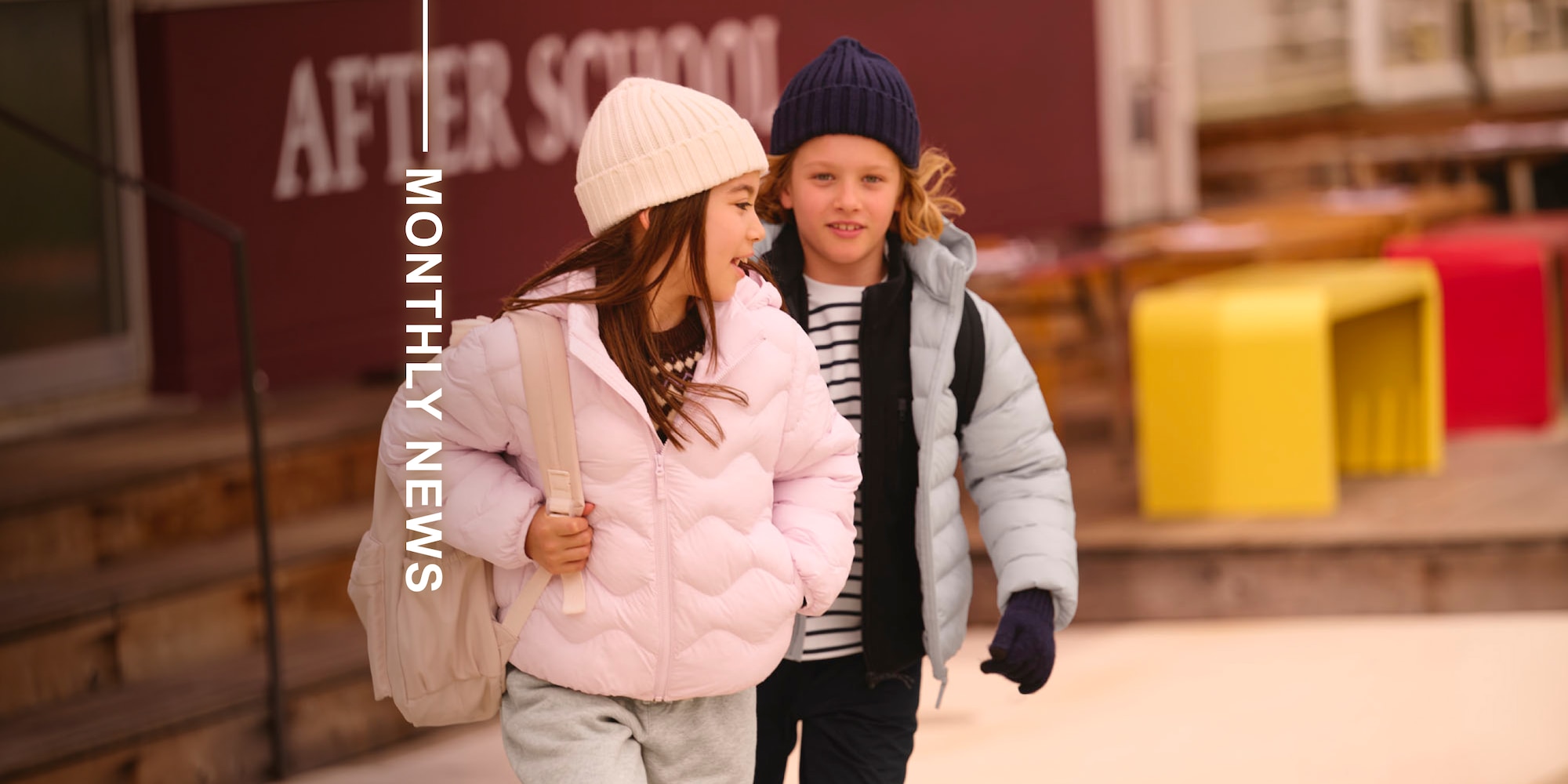 two models wearing uniqlo puffertech jackets overlaid with the words monthly news
