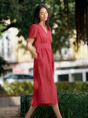 483823 W's CDC PJ linen blend V neck dress/S