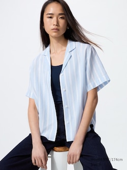 Linen Blend Open Collar Shirt (Stripe, Short Sleeve)