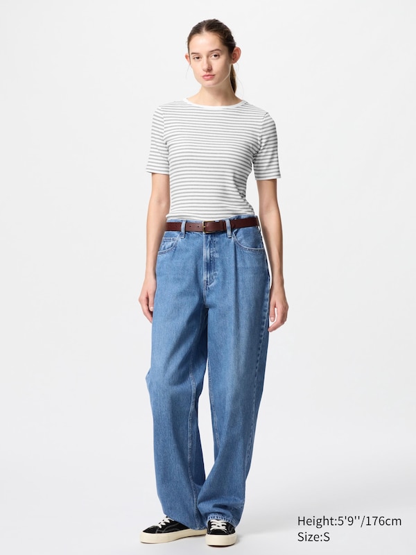 Ribbed Boat Neck T-Shirt (Half Sleeve, Stripe)