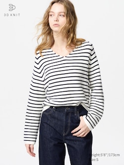 3D Knit Seamless Cotton Relaxed V Neck Jumper (Stripe)