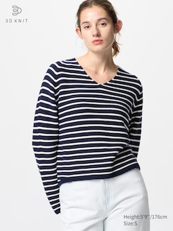 3D Knit Seamless Cotton Relaxed V Neck Jumper (Stripe)