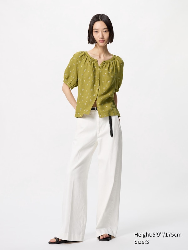 Linen Blend Volume Blouse (Short Sleeve, Print)