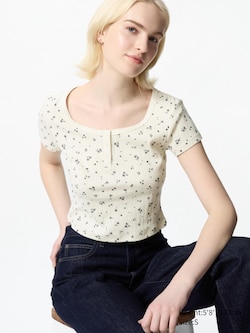 Pointelle Henley Neck T-Shirt (Printed)