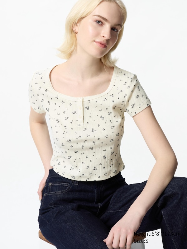 Pointelle Henley Neck T-Shirt (Printed)