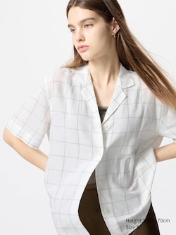 Linen Blend Open Collar Shirt (Check, Short Sleeve)