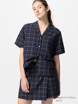 Linen Blend Open Collar Shirt (Check, Short Sleeve)
