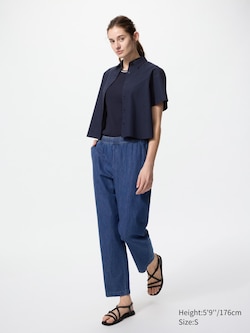 Cotton Relaxed Ankle Trousers (Denim, Longer)