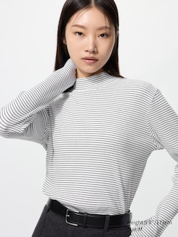 Ribbed High Neck T-Shirt (Long Sleeve, Stripe)