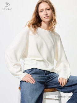 3D Knit Seamless Cotton Crew Neck Volume Sleeve Jumper