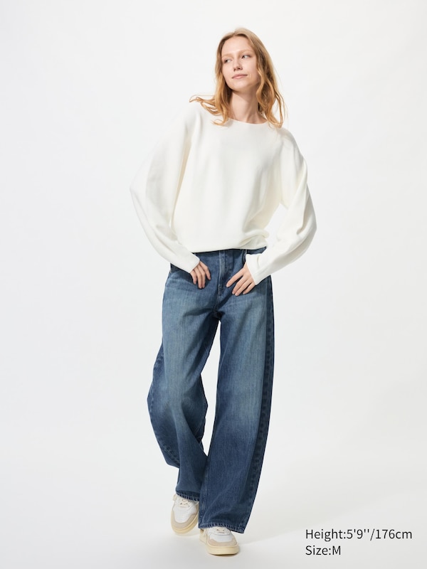 3D Knit Seamless Cotton Crew Neck Volume Sleeve Jumper