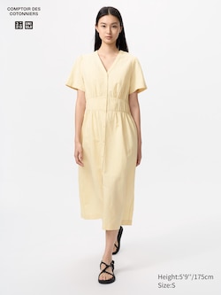 Linen Blend V Neck Dress (Short Sleeve)
