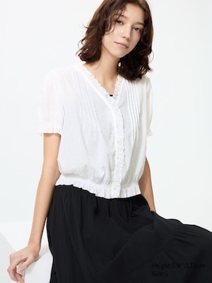 Cotton Dobby V Neck Blouse (Short Sleeve)