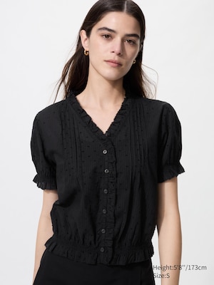 Cotton Dobby V Neck Blouse (Short Sleeve)