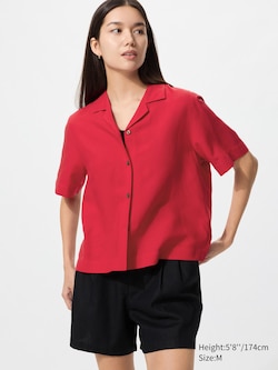 Linen Blend Open Collar Shirt (Short Sleeve)