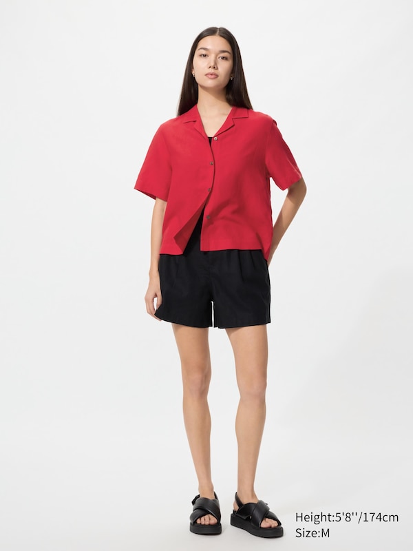 Linen Blend Open Collar Shirt (Short Sleeve)