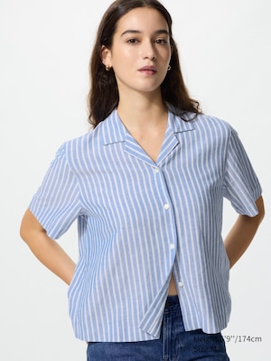 Linen Blend Open Collar Shirt (Striped, Short Sleeve)