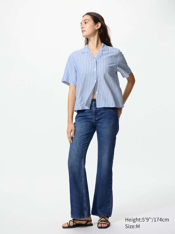 Linen Blend Open Collar Shirt (Striped, Short Sleeve)