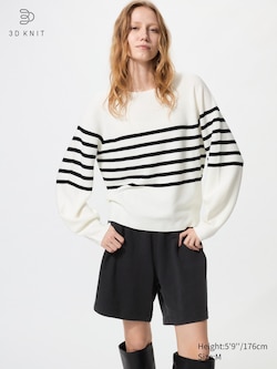 3D Knit Seamless Crew Neck Jumper (Volume Sleeve, Stripe)