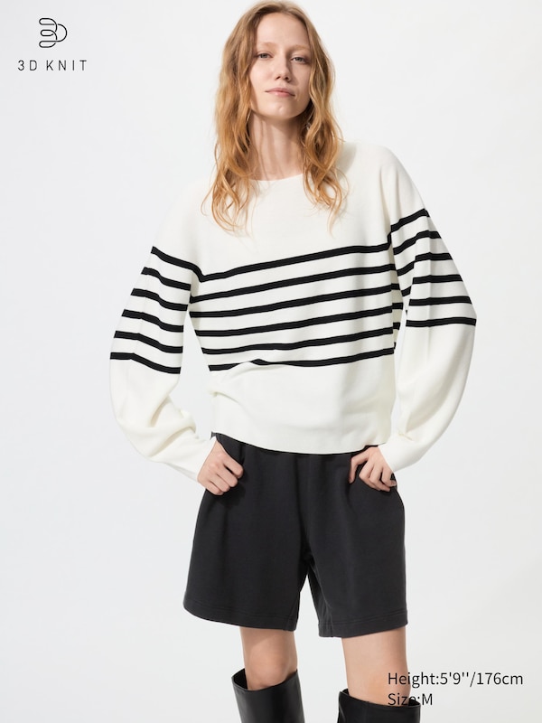 3D Knit Seamless Crew Neck Jumper (Volume Sleeve, Stripe)