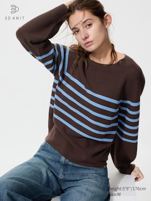 3D Knit Seamless Cotton Crew Neck Volume Sleeve Jumper (Striped)