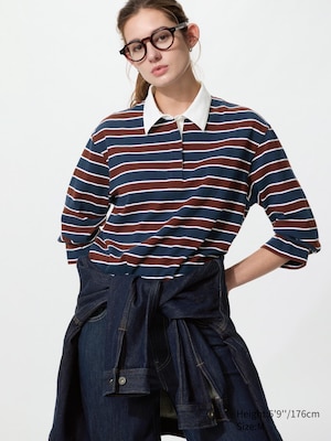 Washed Cotton Polo Shirt (Striped, Long Sleeve)