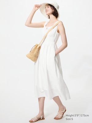 Linen Blend Shirring Dress (Sleeveless)