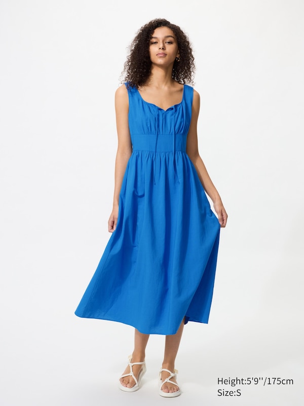 Linen Blend Shirring Dress (Sleeveless)