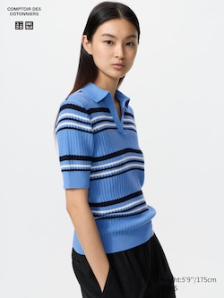 Cotton Pointelle Skipper Polo Jumper (Short Sleeve, Striped)