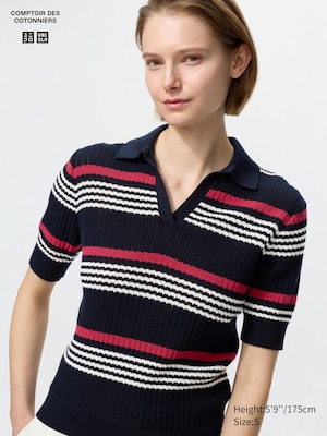 Cotton Pointelle Skipper Polo Jumper (Short Sleeve, Striped)