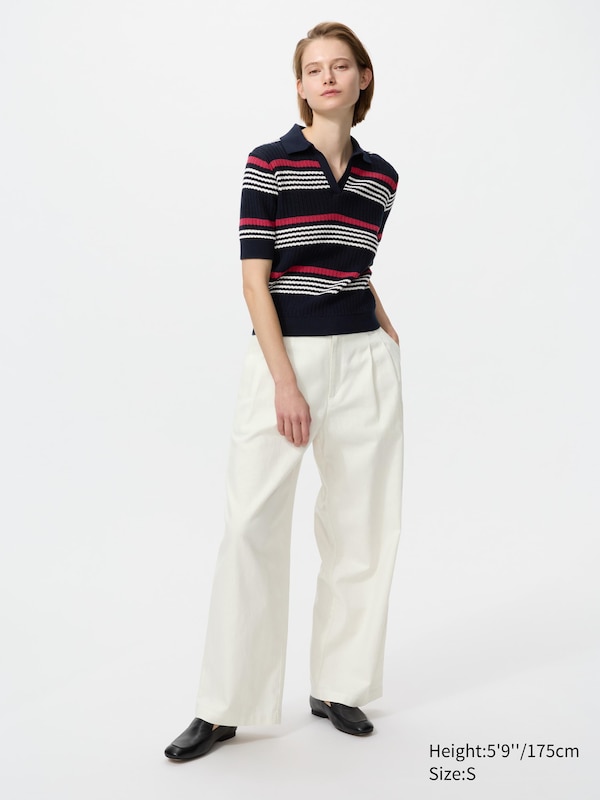 Cotton Pointelle Skipper Polo Jumper (Short Sleeve, Striped)