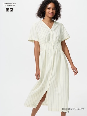 Linen Blend V Neck Dress (Short Sleeve, Striped)