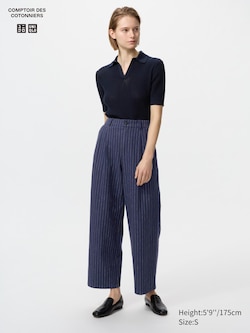 Linen Blend Straight Trousers (Striped)
